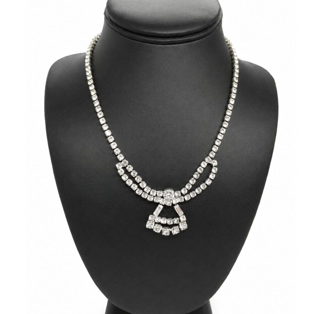 VINTAGE RHINESTONE NECKLACE Bridal Bib Statement Crystal Silver Tone Formal